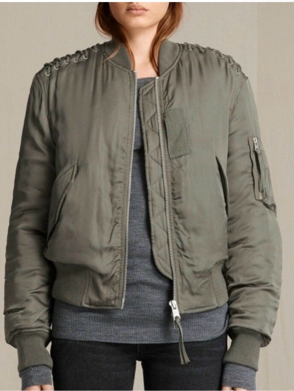 AllSaints Bree Olive Green Laced Bomber Jacket
